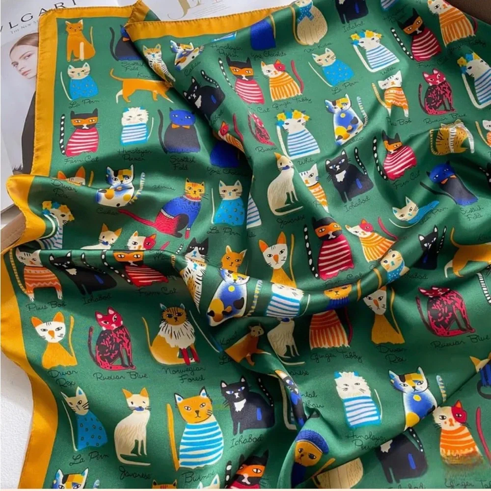 Cat Breeds Cartoon Whimsical Printed Square 27.5” Scarf, Green